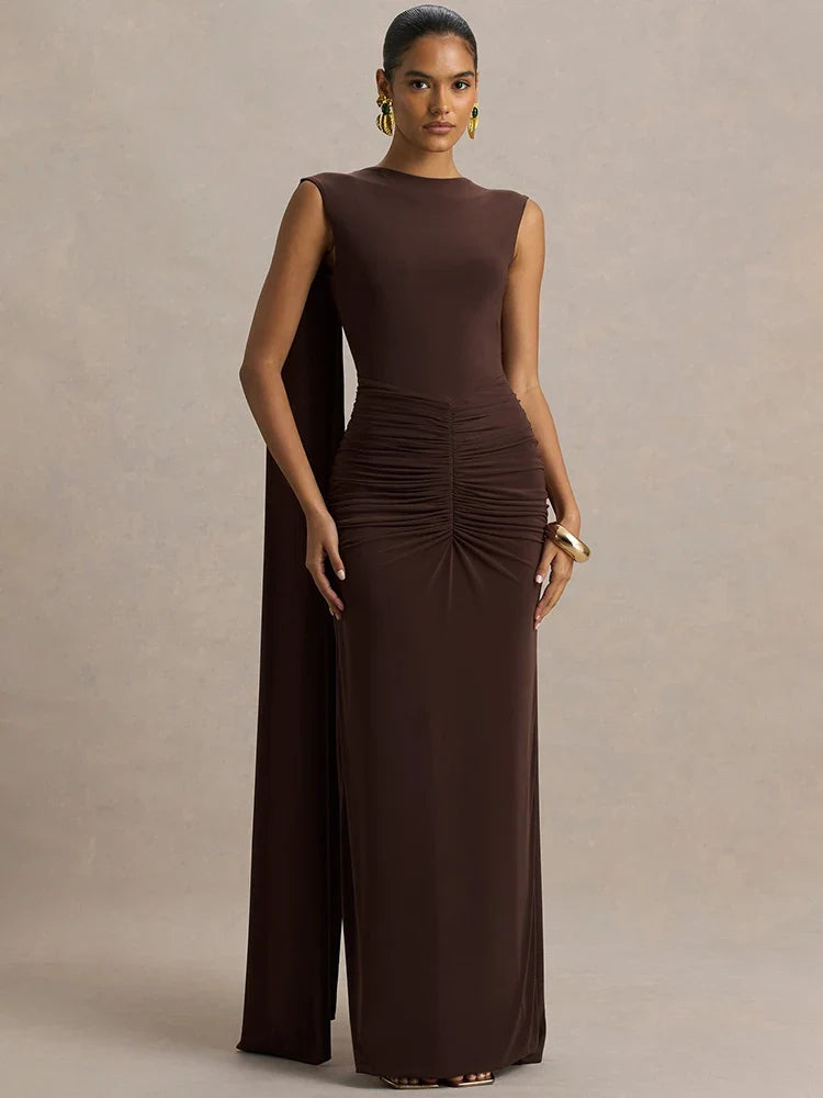 Ruched Maxi Dress – Sleeveless High Neck Bodycon Gown with Draped Waist and Floor-Length Silhouette for Weddings & Evening Events