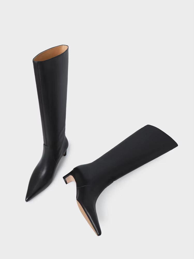 Knee High Pointed Toe Boots | Elegant Kitten Heel Tall Boots | Sleek Pull-On Fashion Boots