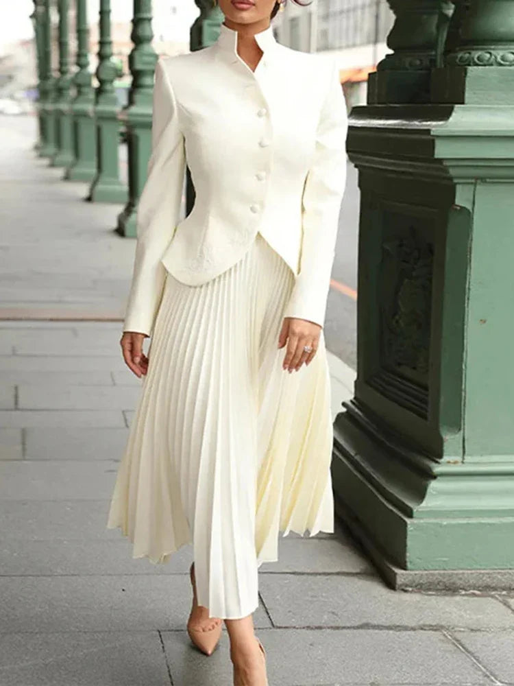 Mandarin Collar Blazer & Pleated Midi Skirt Co-Ord Set | Tailored Long Sleeve Two Piece Outfit | Elegant Office & Formal Matching Set