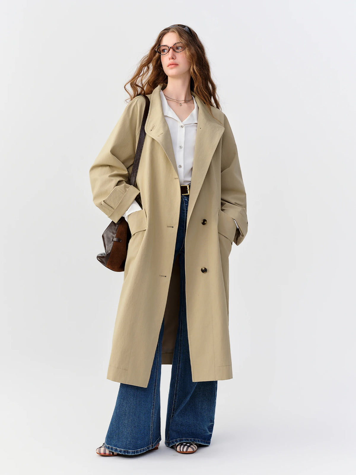 Belted Long Trench Coat, Minimalist Button Front Coat with Stand Collar and Oversized Fit, Elegant Classic Transitional Outerwear