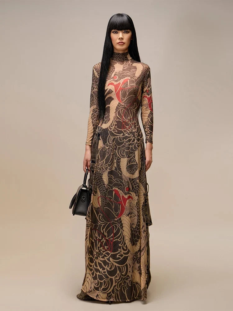 Artistic Print Maxi Dress – Long Sleeve High Neck Bodycon Gown with Full-Length Silhouette and Intricate Pattern for Evening Events & Parties