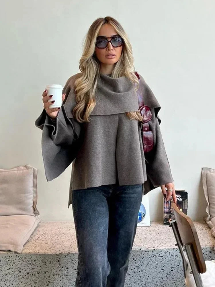Oversized Poncho Cape Coat, High Neck Draped Sweater Jacket with Wide Sleeves, Cozy Fall Winter Outerwear