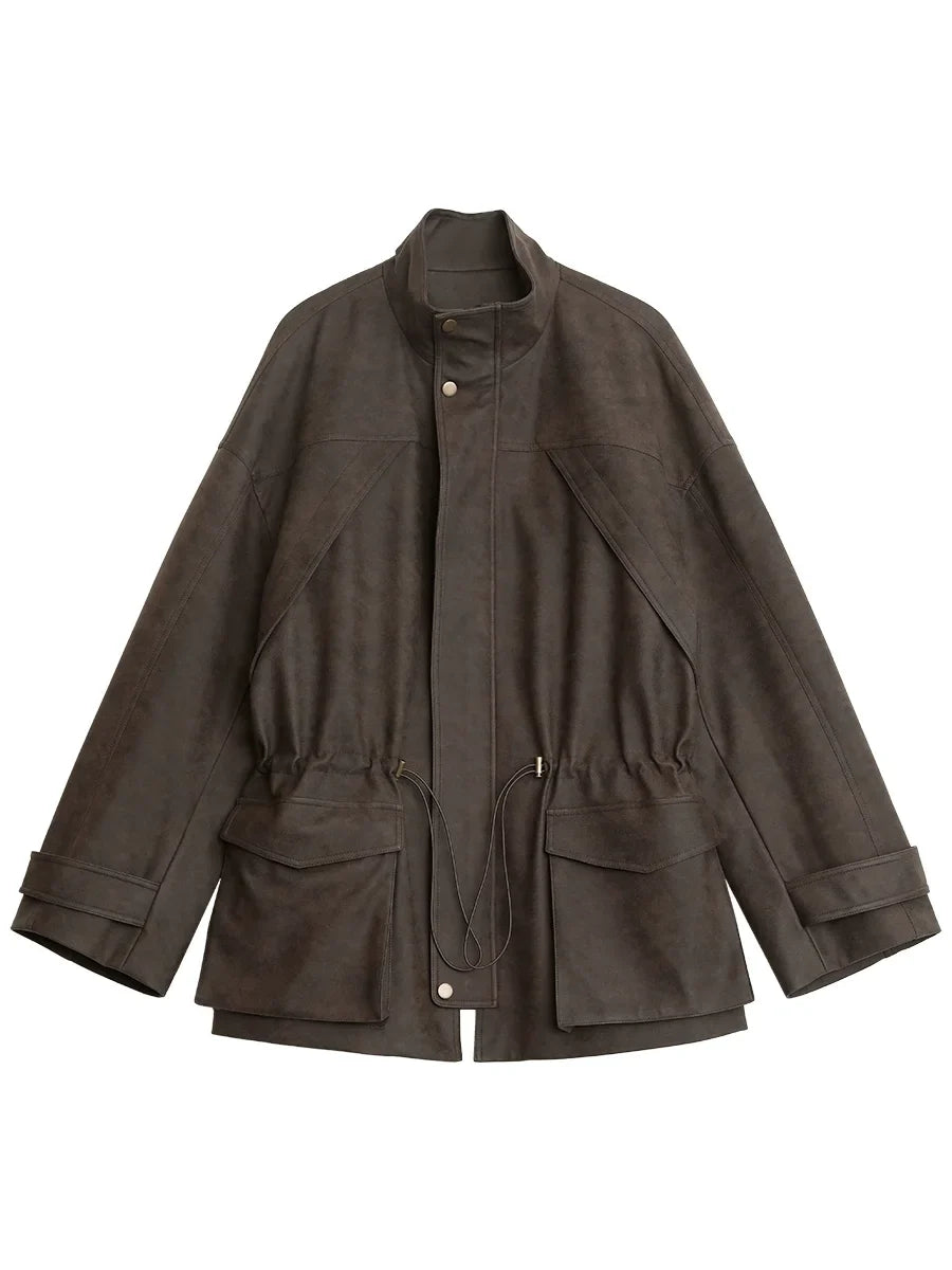Oversized Suede Jacket, Button-Up Utility Jacket with Stand Collar and Flap Pockets, Relaxed Fit Vintage-Inspired Casual Outerwear