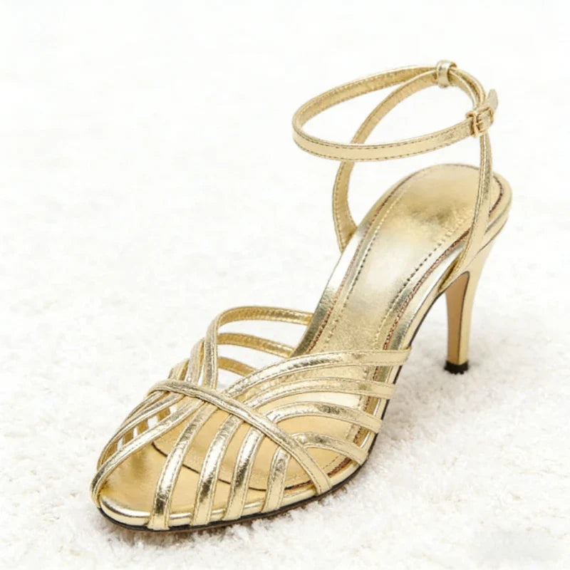 Women's Gold Strappy High Heel Sandals – Elegant Open Toe Ankle Strap Stiletto Heels for Wedding, Party, Evening & Formal Wear