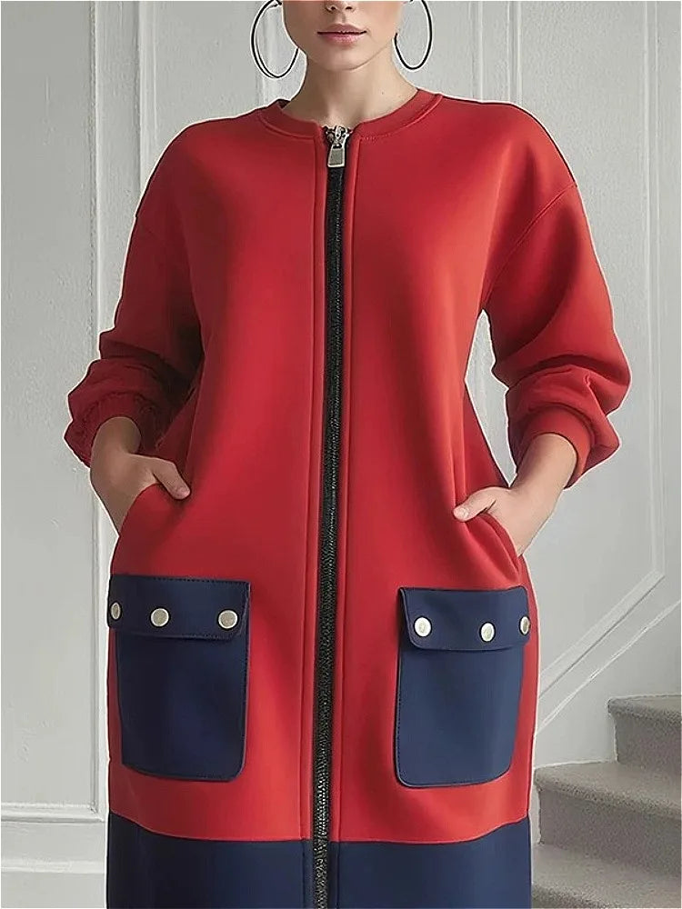 Zip Up Coat Dress – Long Sleeve Mini Dress with Stand Collar, Contrast Patch Pockets and Structured A-Line Silhouette for Fall & Winter