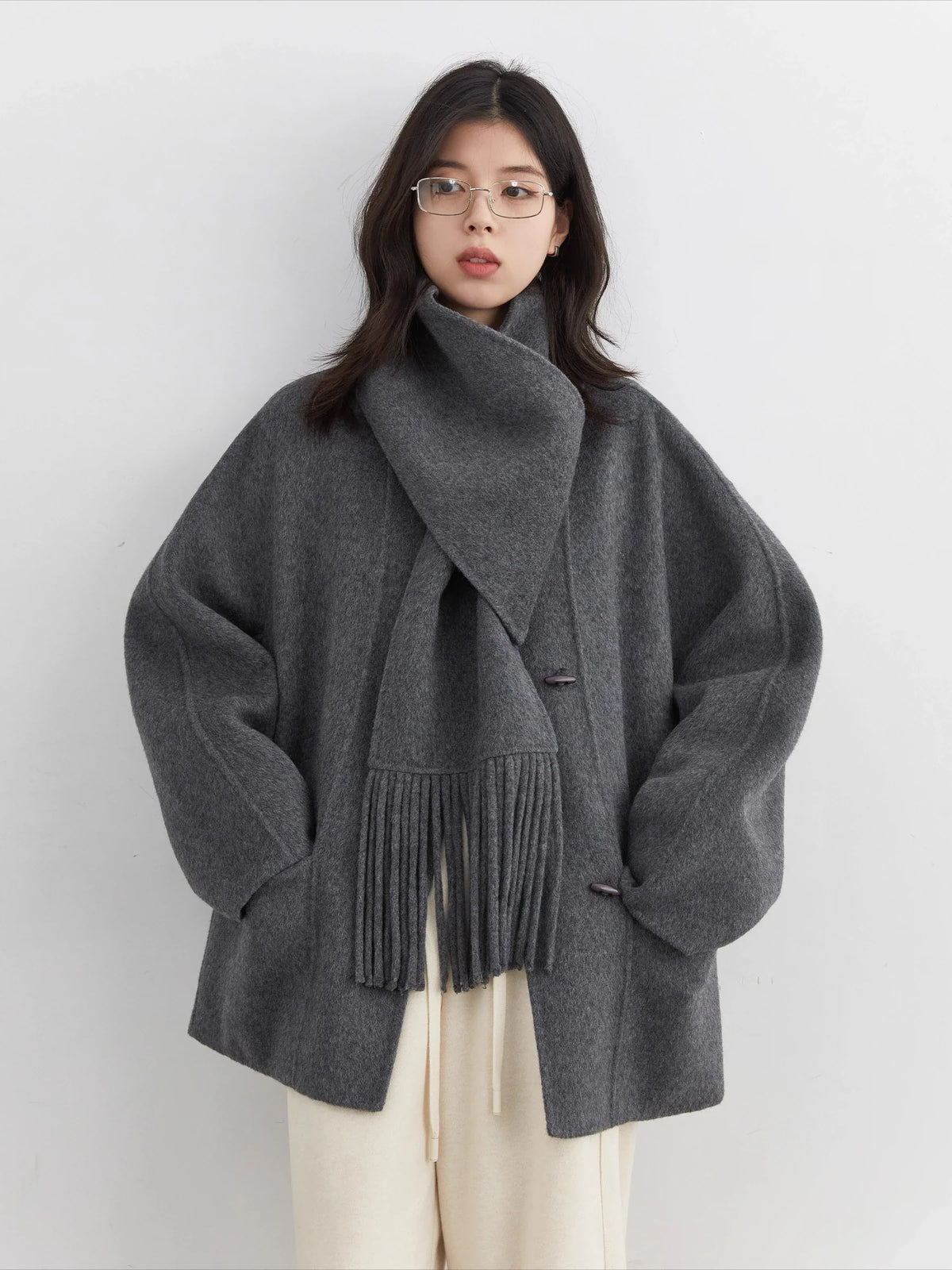 Oversized Wool Blend Cape Coat, Draped Shawl Collar Jacket with Fringe Scarf Detail, Cozy Fall Winter Outerwear