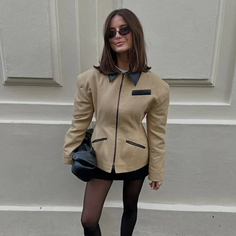 Fitted Leather Jacket with Contrast Collar, Zip-Up Blazer Jacket with Piped Pockets, Tailored Chic Transitional Outerwear