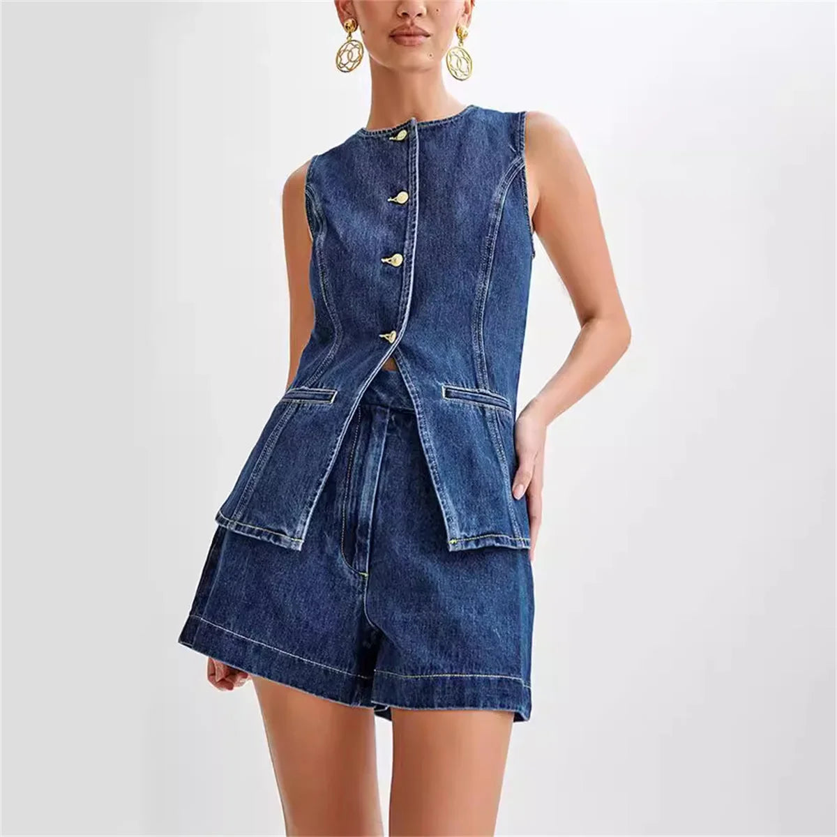 Sleeveless Denim Romper with Button Front & Utility Pockets | Tailored Mini Jumpsuit Outfit | Chic Casual Summer One Piece