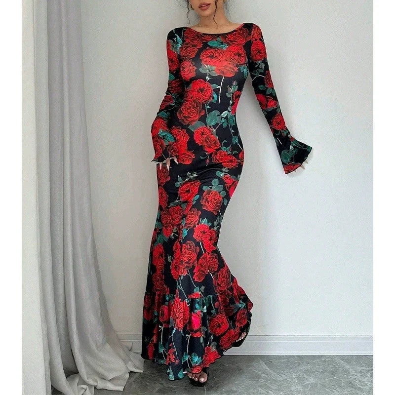 Floral Mermaid Maxi Dress – Long Sleeve Scoop Neck Bodycon Gown with Fitted Silhouette and Flared Hem for Weddings & Evening Events