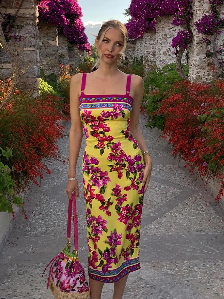 Floral Midi Dress – Spaghetti Strap Bodycon Dress with Square Neck, Vibrant Botanical Print and Straight Silhouette for Vacations & Summer Events