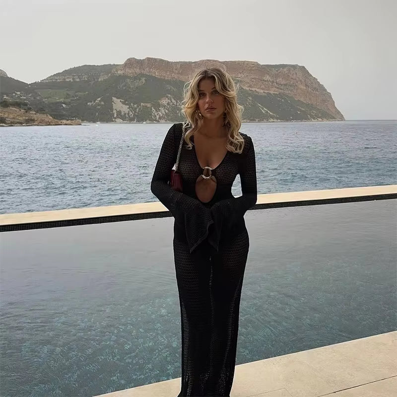 Crochet Maxi Dress – Long Sleeve Mesh Cover Up Dress with Deep Scoop Neck, Ring Detail Cutout and Sheer Open Knit Design