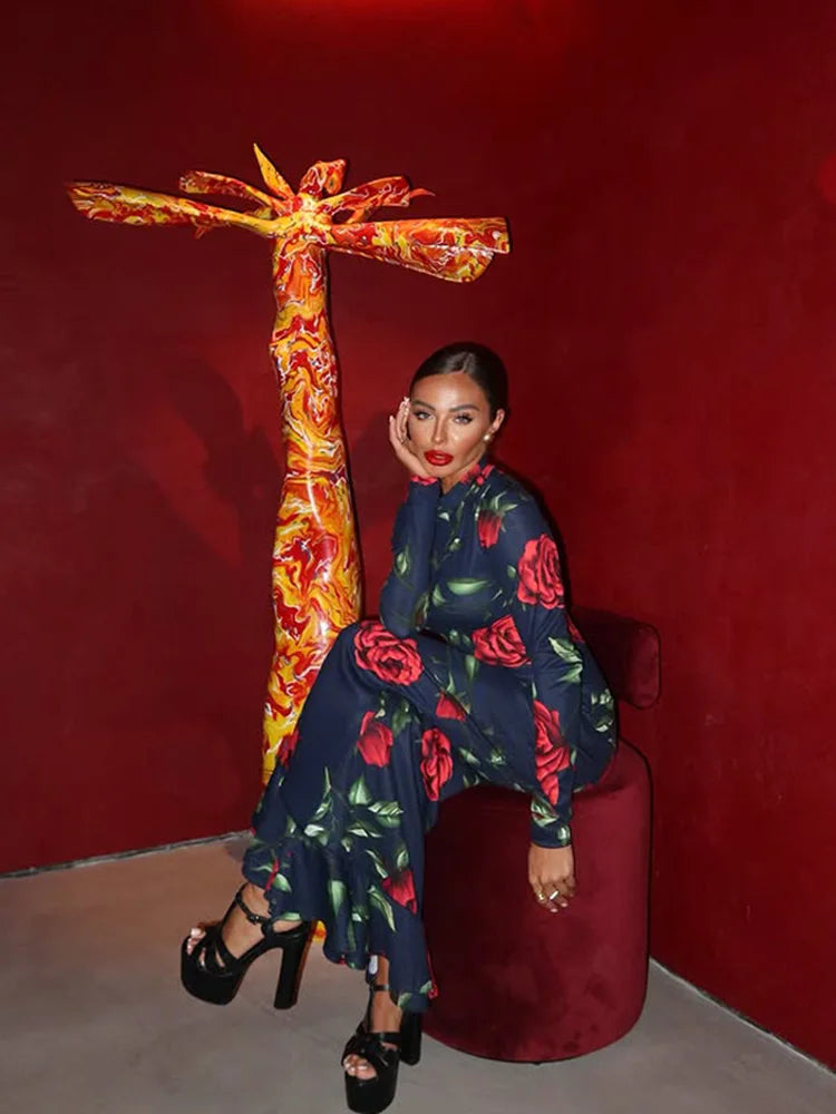 Floral Mermaid Maxi Dress – Long Sleeve High Neck Bodycon Gown with Rose Print, Fitted Silhouette and Flared Hem for Formal Events