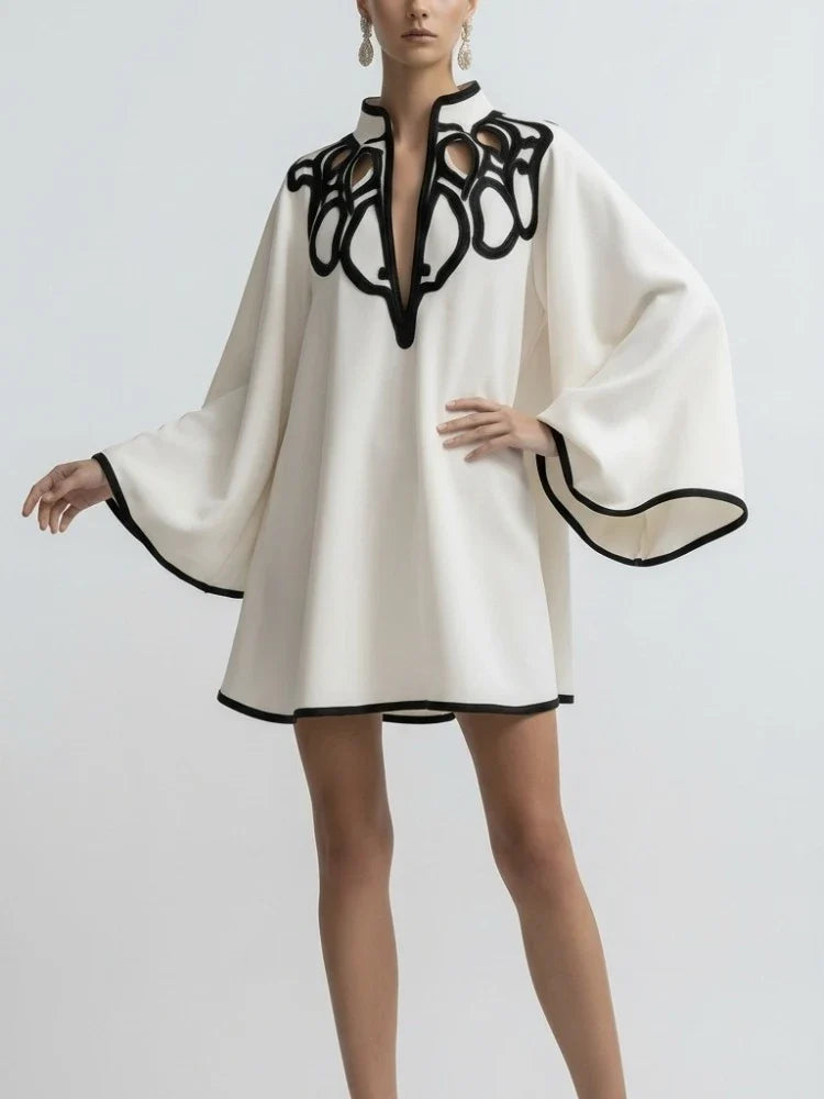 Cape Mini Dress – Long Sleeve A-Line Dress with Statement Collar, Contrast Trim and Flowing Silhouette for Parties & Special Occasions