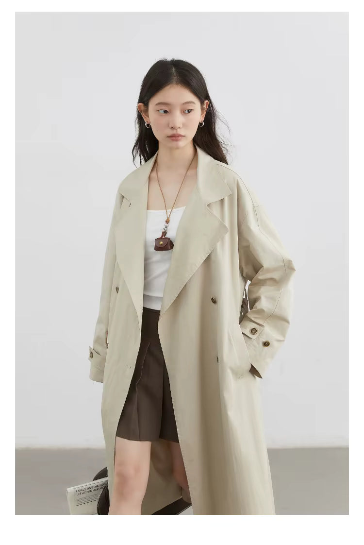 Classic Double-Breasted Trench Coat, Longline Coat with Wide Lapels and Adjustable Cuffs, Elegant Minimalist Transitional Outerwear