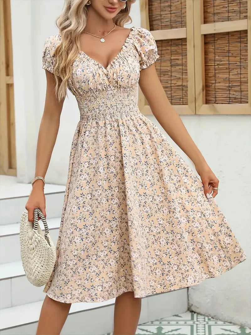 Floral Midi Dress – Puff Sleeve V-Neck Dress with Fitted Bodice, Defined Waist and Flared A-Line Skirt for Weddings & Summer Events