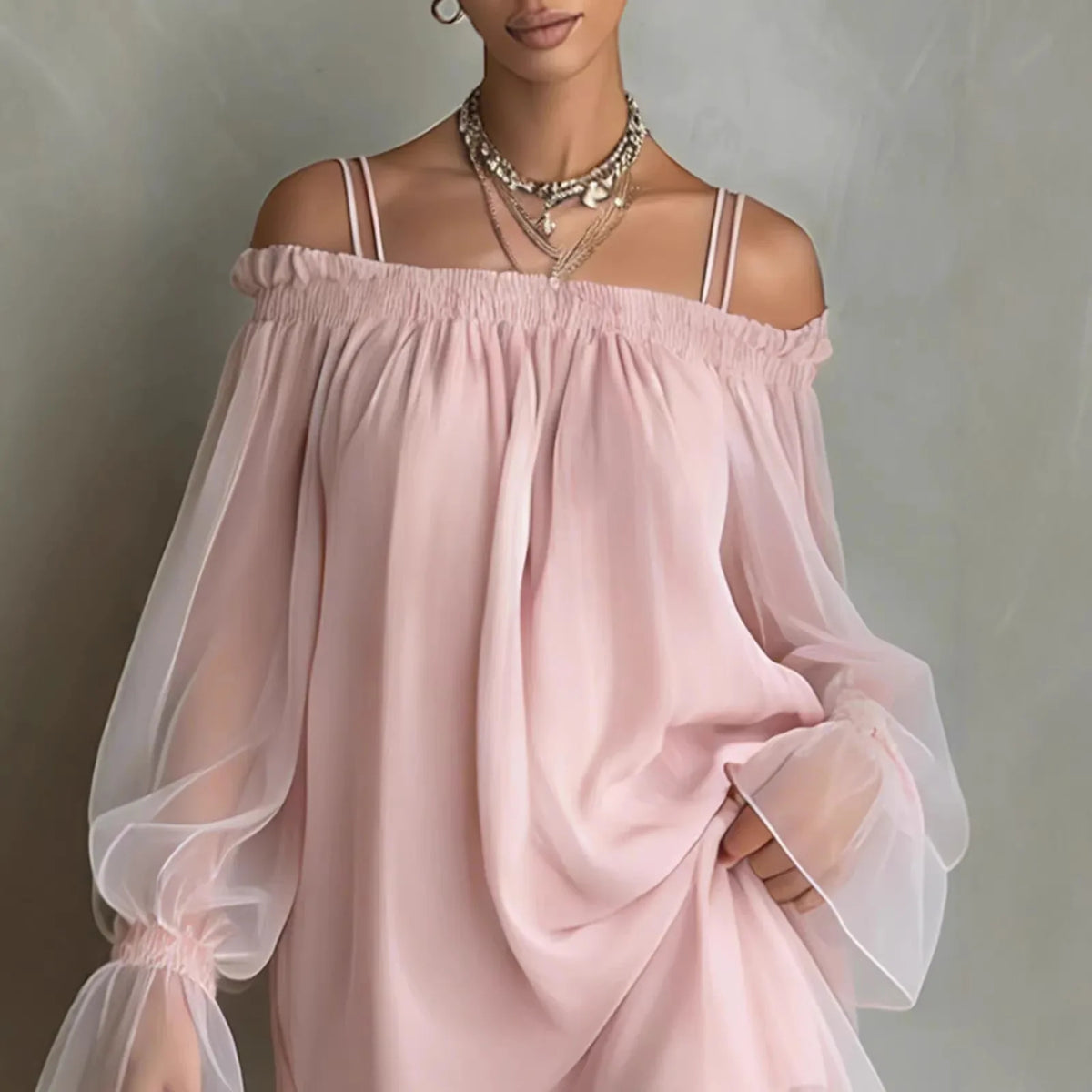 Off Shoulder Chiffon Mini Dress – Flowy Boho Dress with Sheer Balloon Sleeves, Spaghetti Straps and Layered Hem