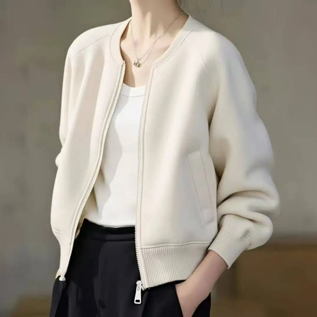 Minimalist Bomber Jacket, Zip-Up Jacket with Ribbed Trim and Relaxed Fit, Chic Casual Layering Outerwear for Fall