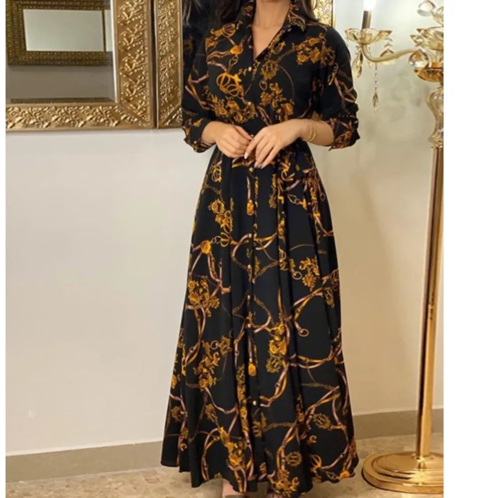 Floral Maxi Dress – Long Sleeve V-Neck Dress with Button Front, Defined Waist and Flowing A-Line Skirt for Weddings, Brunch & Events