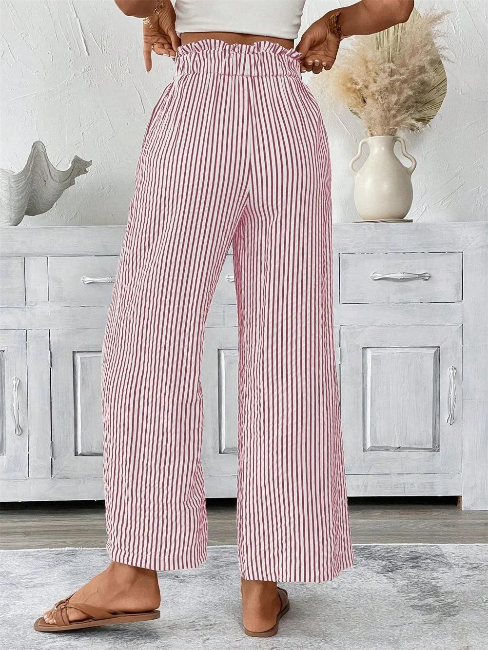 High Waisted Wide Leg Pants Chevron Print Drawstring Trousers Relaxed Fit Flowing Casual Boho Lounge Bottoms