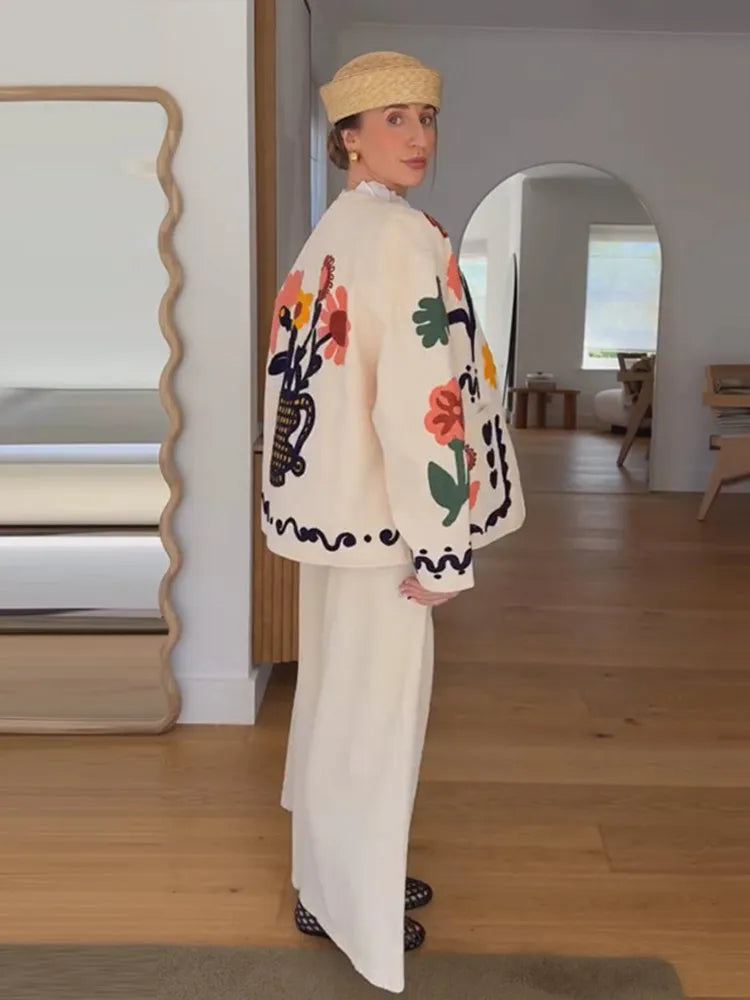Embroidered Knit Jacket with Contrast Patches, Textured Button-Up Cardigan Jacket, Artistic Boho Chic Outerwear