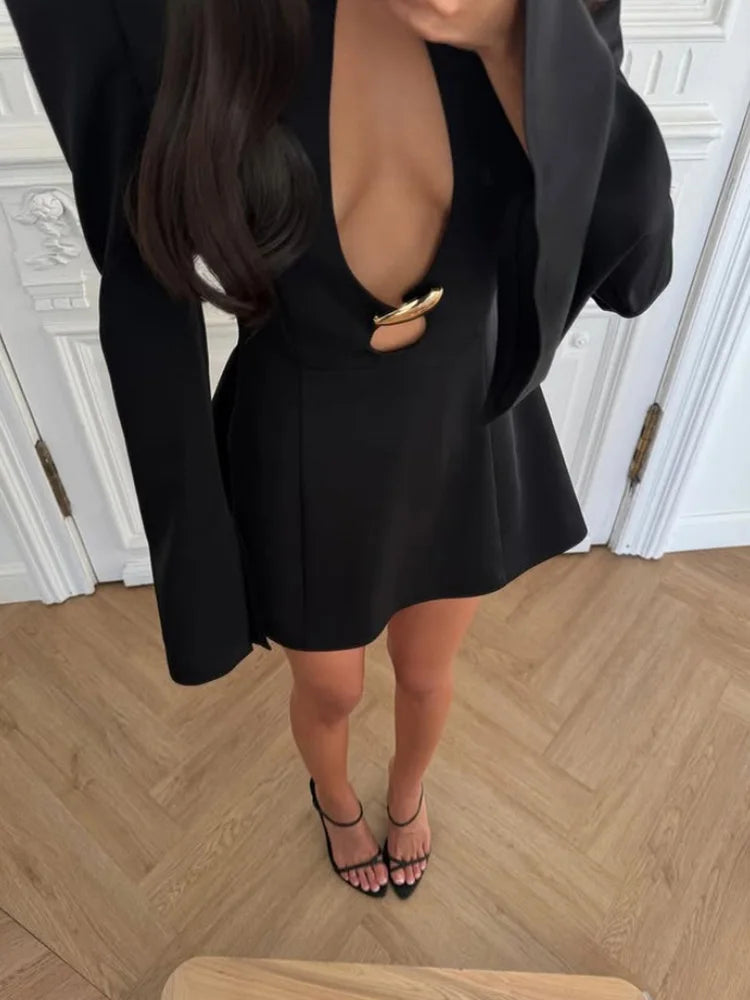 Blazer Mini Dress – Long Sleeve Plunge Neck Dress with Structured Shoulders, Waist Cutout and Flared Skirt for Parties & Evening Events