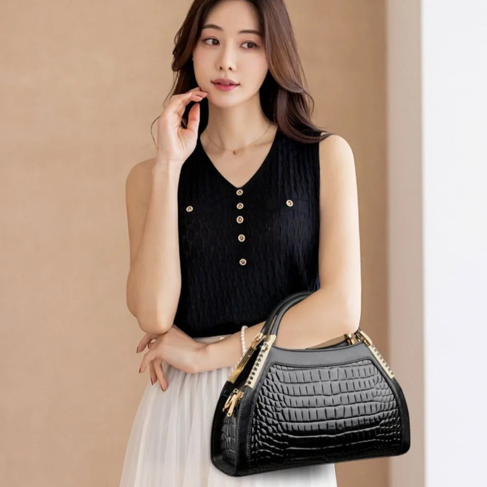 Crocodile Embossed Handbag, Elegant Structured Top Handle Satchel with Adjustable Crossbody Strap, Textured Shoulder Purse for Work & Everyday Use