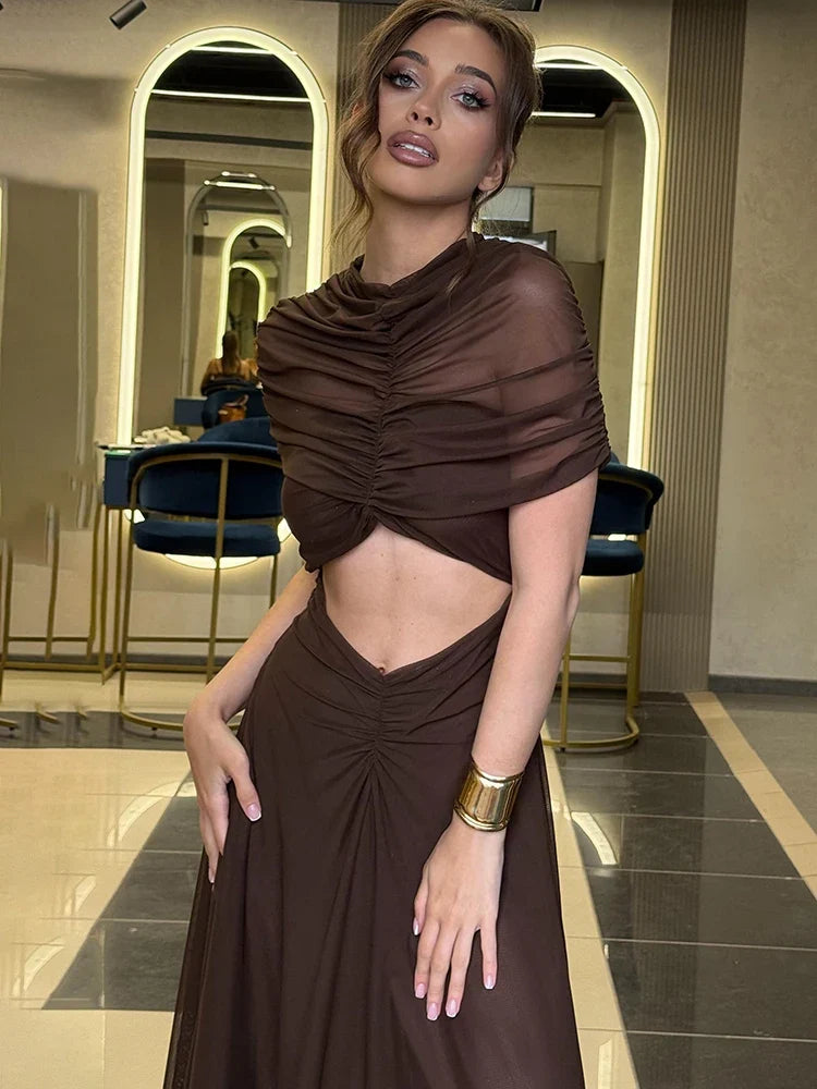 Mermaid Maxi Dress – Long Sleeve Top and High Waist Floor-Length Skirt Set with Fitted Silhouette and Flared Hem for Evening Events