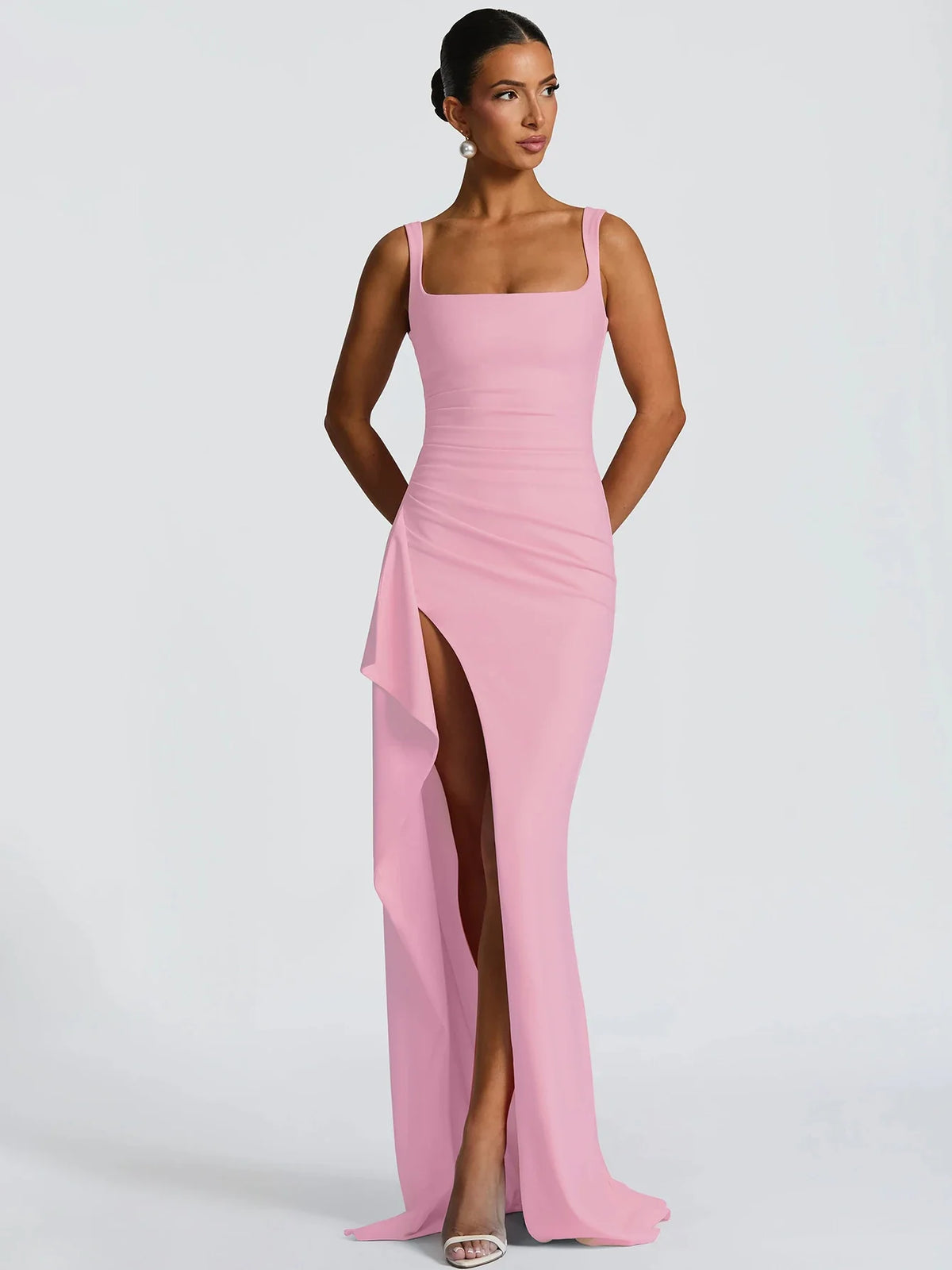 Spaghetti Strap Maxi Dress – Bodycon Floor-Length Dress with Thigh-High Slit and Square Neckline for Weddings, Parties & Evening Events