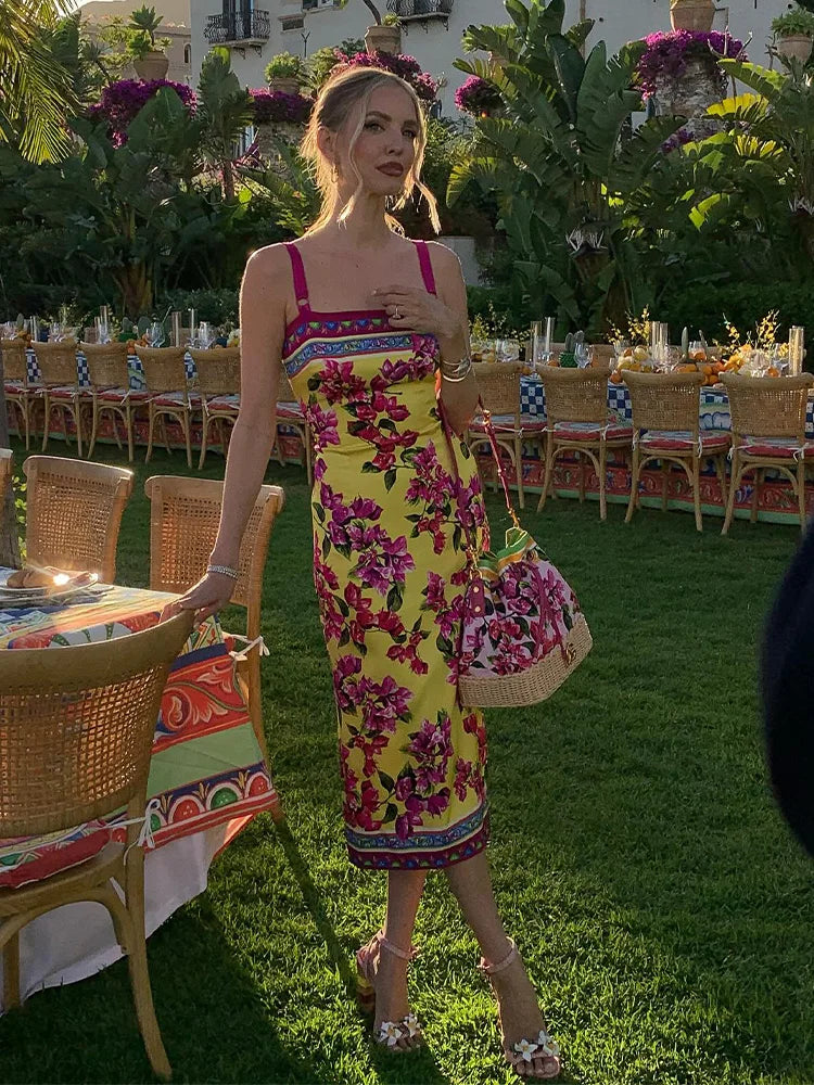 Floral Midi Dress – Spaghetti Strap Bodycon Dress with Square Neck, Vibrant Botanical Print and Straight Silhouette for Vacations & Summer Events