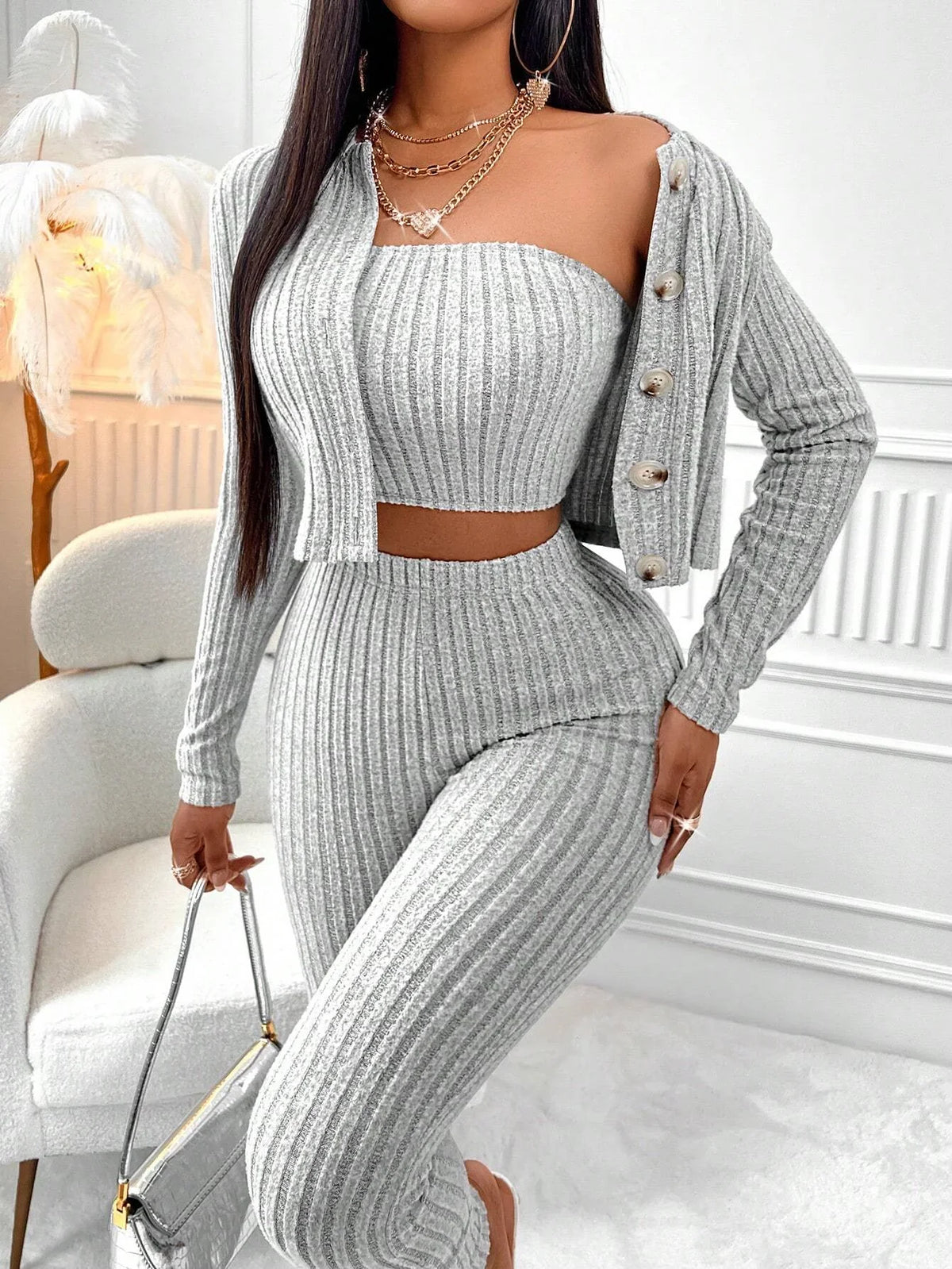 Ribbed Crop Cami Top & Wide Leg Pants Co-Ord Set with Cardigan | Three Piece Knit Matching Outfit | Chic Casual Loungewear