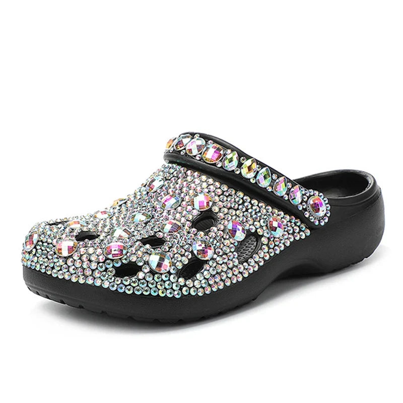 Rhinestone Clog Sandals | Floral Embellished Platform Mules | Sparkly Casual Slip-On Shoes