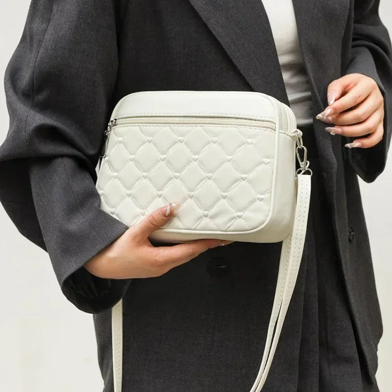 Women's Quilted Crossbody Bag, Small Leather Shoulder Purse, Minimalist Camera Style Handbag with Adjustable Strap for Everyday Use
