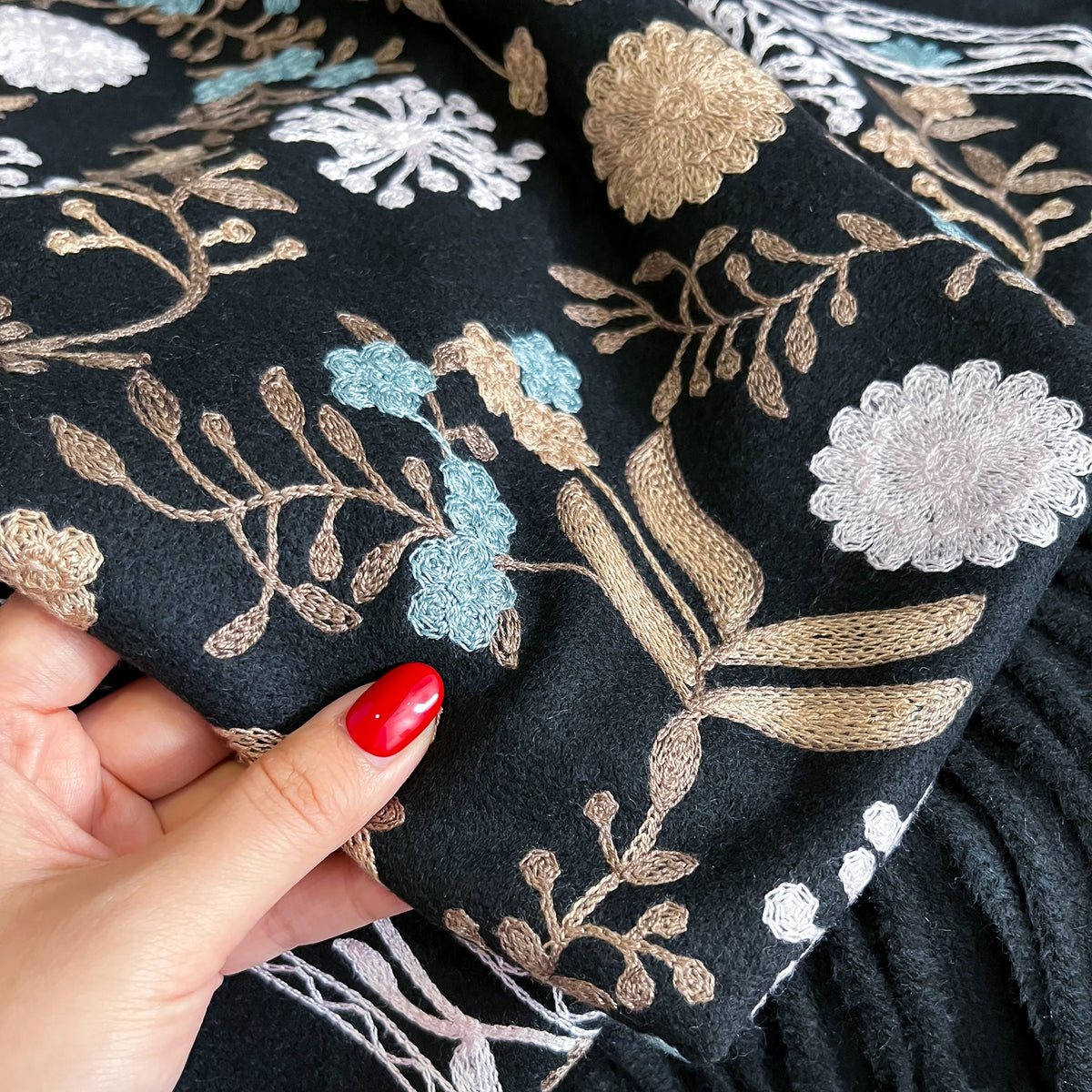 Women's Floral Shawl Wrap, Embroidered Look Botanical Print Scarf with Fringed Ends, Elegant Shoulder Wrap