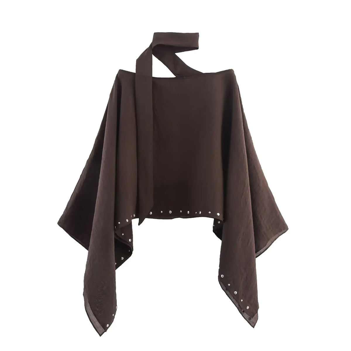 Asymmetric Poncho Jacket with Studded Trim, One-Shoulder Draped Cape Top, Relaxed Fit Statement Outerwear