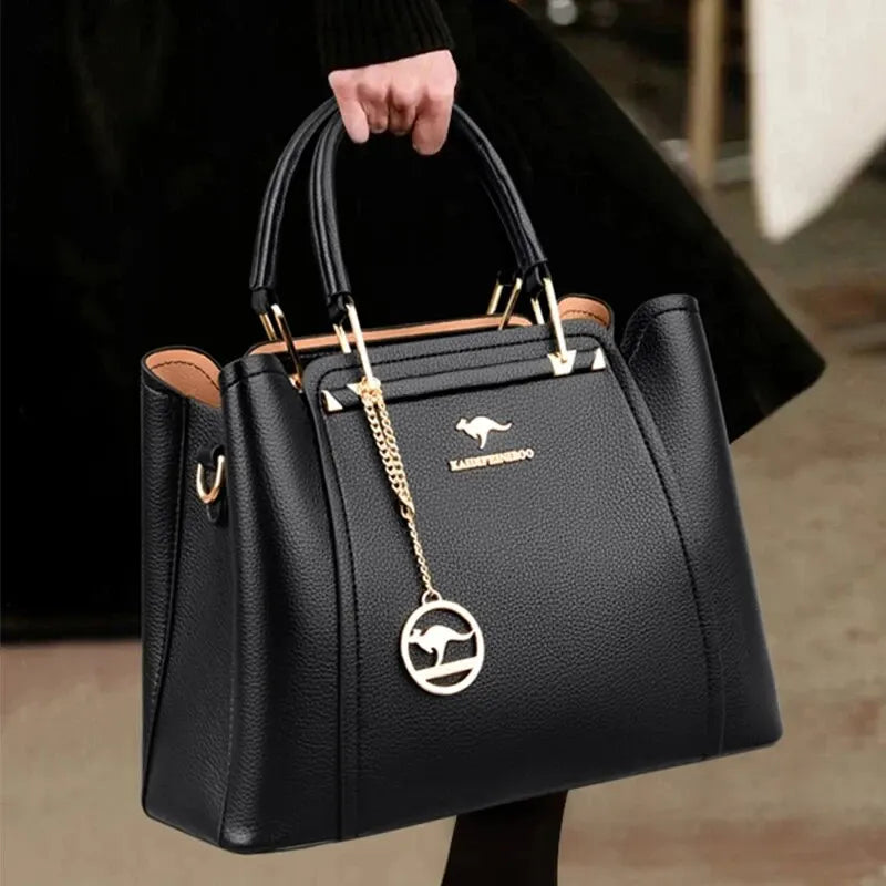 Black Tote Handbag, Elegant Faux Leather Shoulder Bag, Structured Work Purse with Top Handles, Adjustable Crossbody Strap & Charm