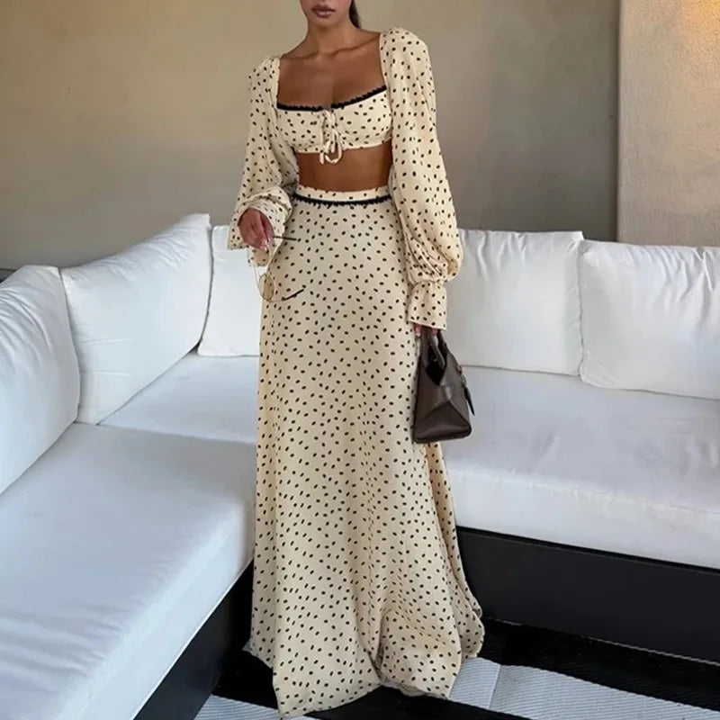 Polka Dot Crop Top &amp; Wide Leg Pants Co-Ord Set with Long Sleeve Blouse | Three Piece Inspired Look | Chic Vacation &amp; Summer Outfit