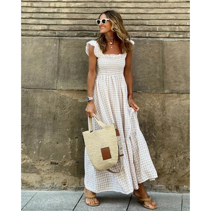 Gingham Maxi Dress – Smocked Square Neck Sundress with Short Sleeves and Flowy A-Line Skirt for Brunch, Vacation & Summer Outings