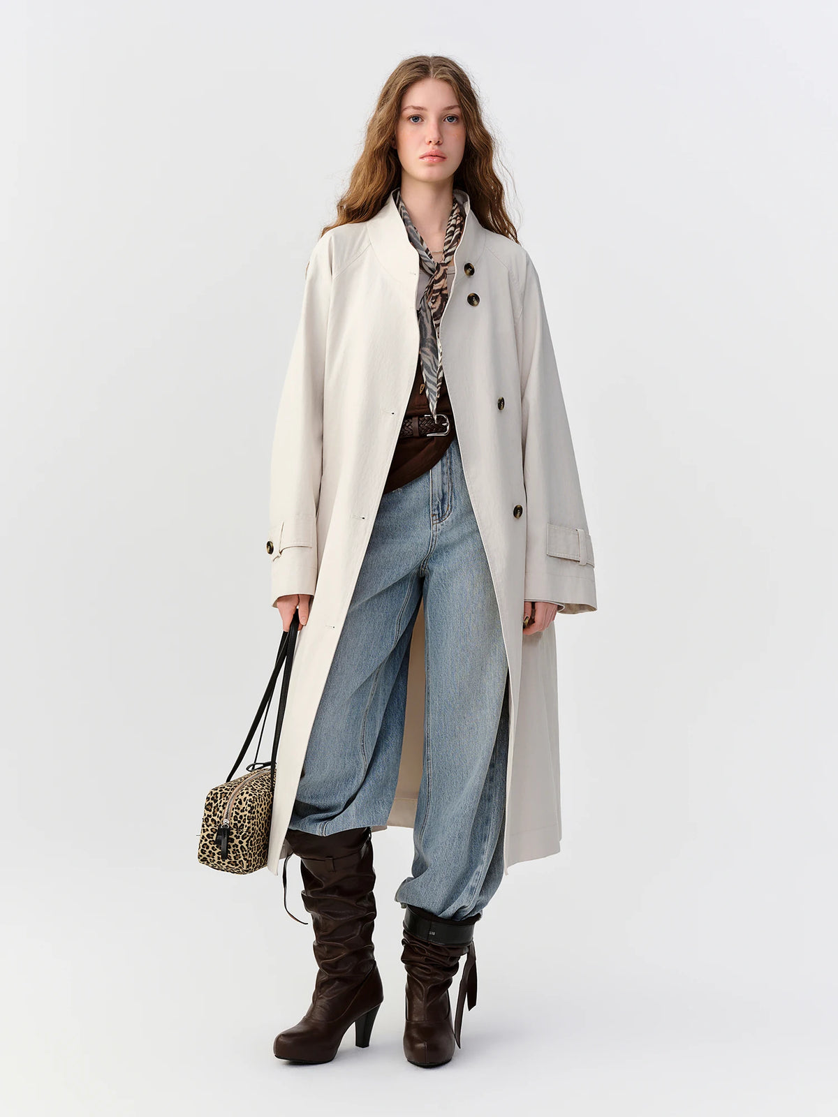 Belted Long Trench Coat, Minimalist Button Front Coat with Stand Collar and Oversized Fit, Elegant Classic Transitional Outerwear
