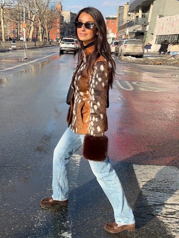 Faux Fur Cuff Jacket, Printed Button-Up Jacket with Plush Trim and Tailored Fit, Statement Chic Party Outerwear