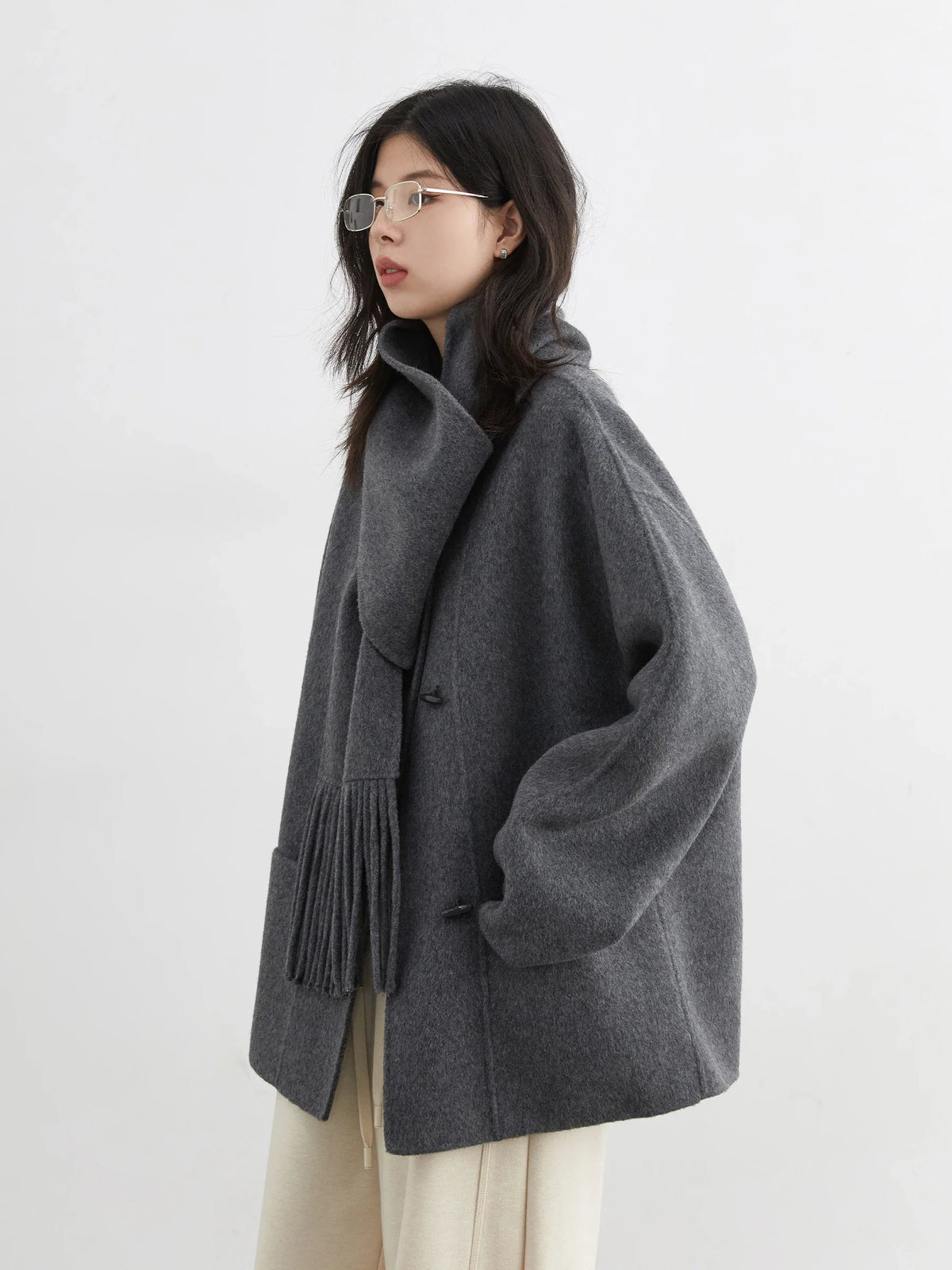 Oversized Wool Blend Cape Coat, Draped Shawl Collar Jacket with Fringe Scarf Detail, Cozy Fall Winter Outerwear