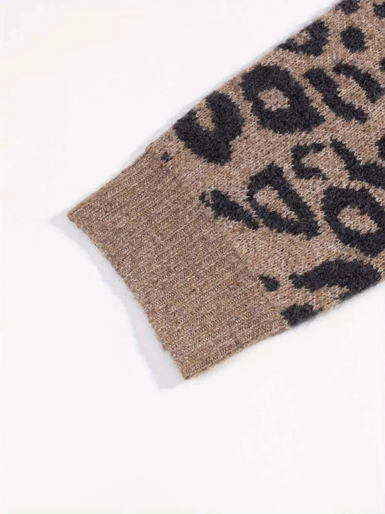 Leopard Print Knit Cardigan, V-Neck Button Front Sweater with Ribbed Trim, Animal Print Cozy Layering Top for Fall Winter