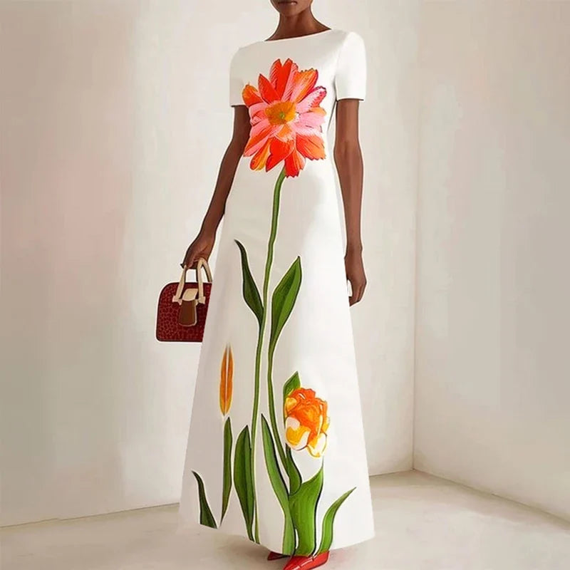 Floral Maxi Dress – Sleeveless Square Neck Bodycon Dress with Oversized Flower Print and Floor-Length Silhouette for Vacations & Events