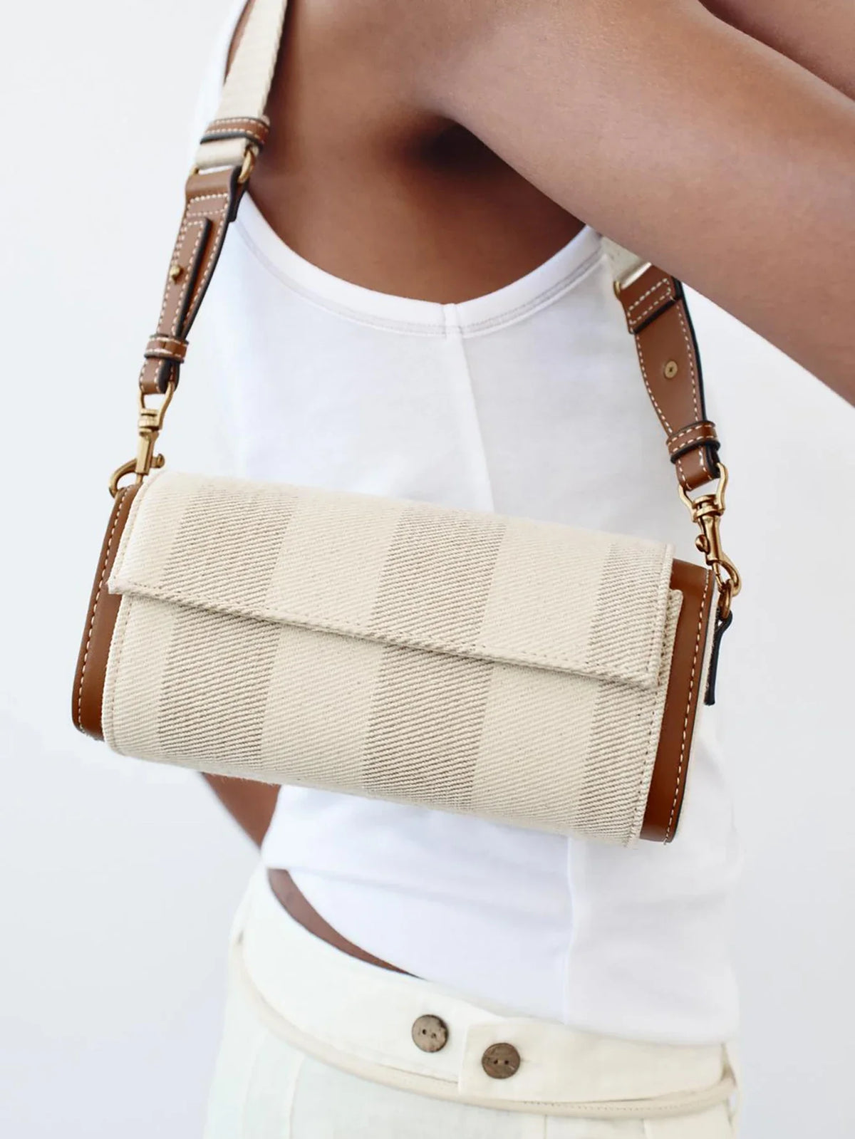 Canvas Crossbody Bag, Beige Shoulder Purse with Brown Leather Trim, Adjustable Strap, Minimalist Flap Handbag for Travel & Everyday Use