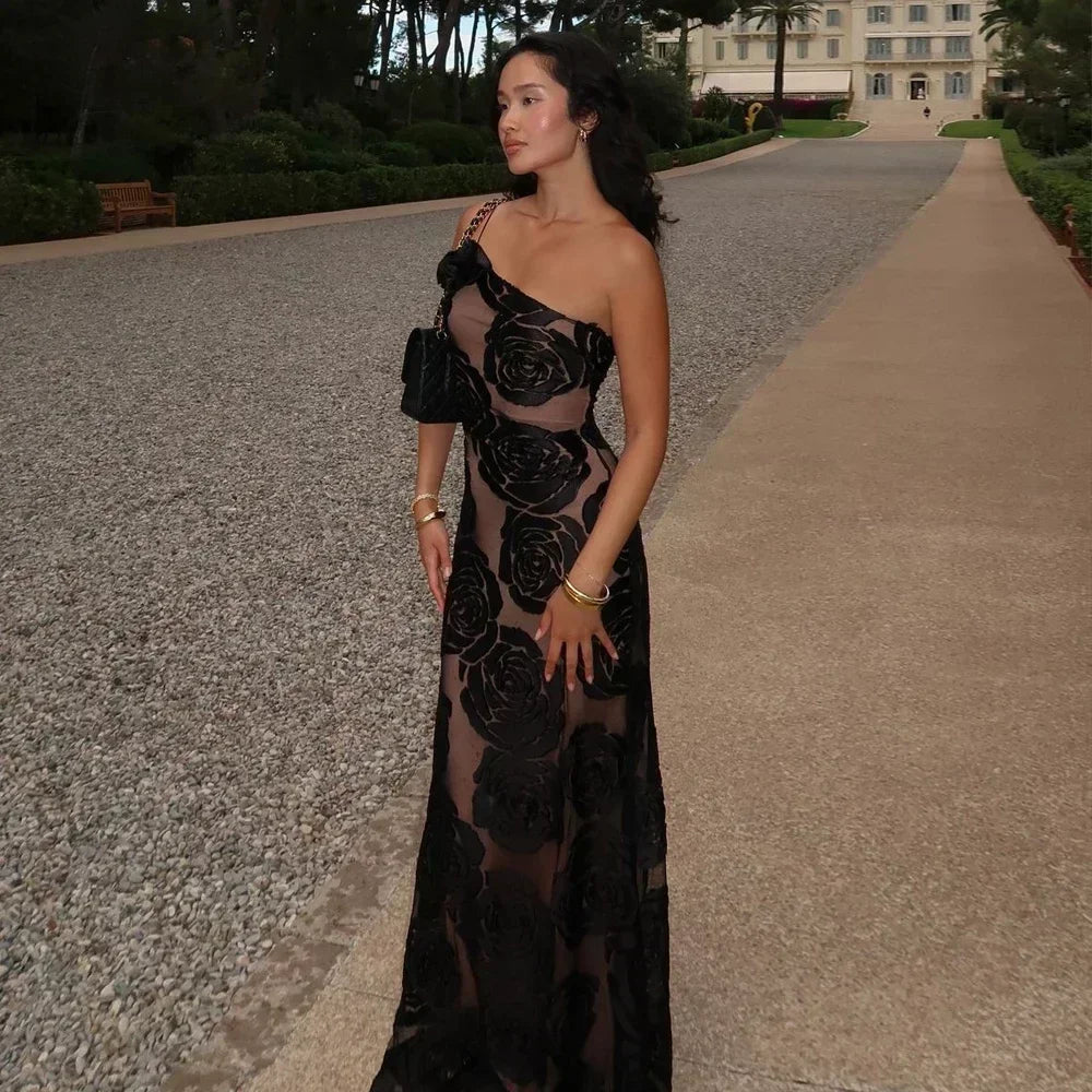 Floral Appliqué Maxi Dress – Sheer Mesh Evening Gown with Spaghetti Straps, 3D Rose Details and Elegant Fitted Silhouette