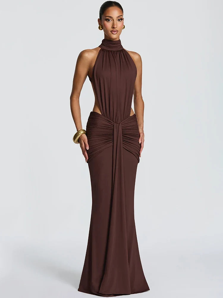 Halter Neck Maxi Dress – Sleeveless Bodycon Gown with Draped Waist Detail and Flared Floor-Length Skirt for Weddings & Evening Events