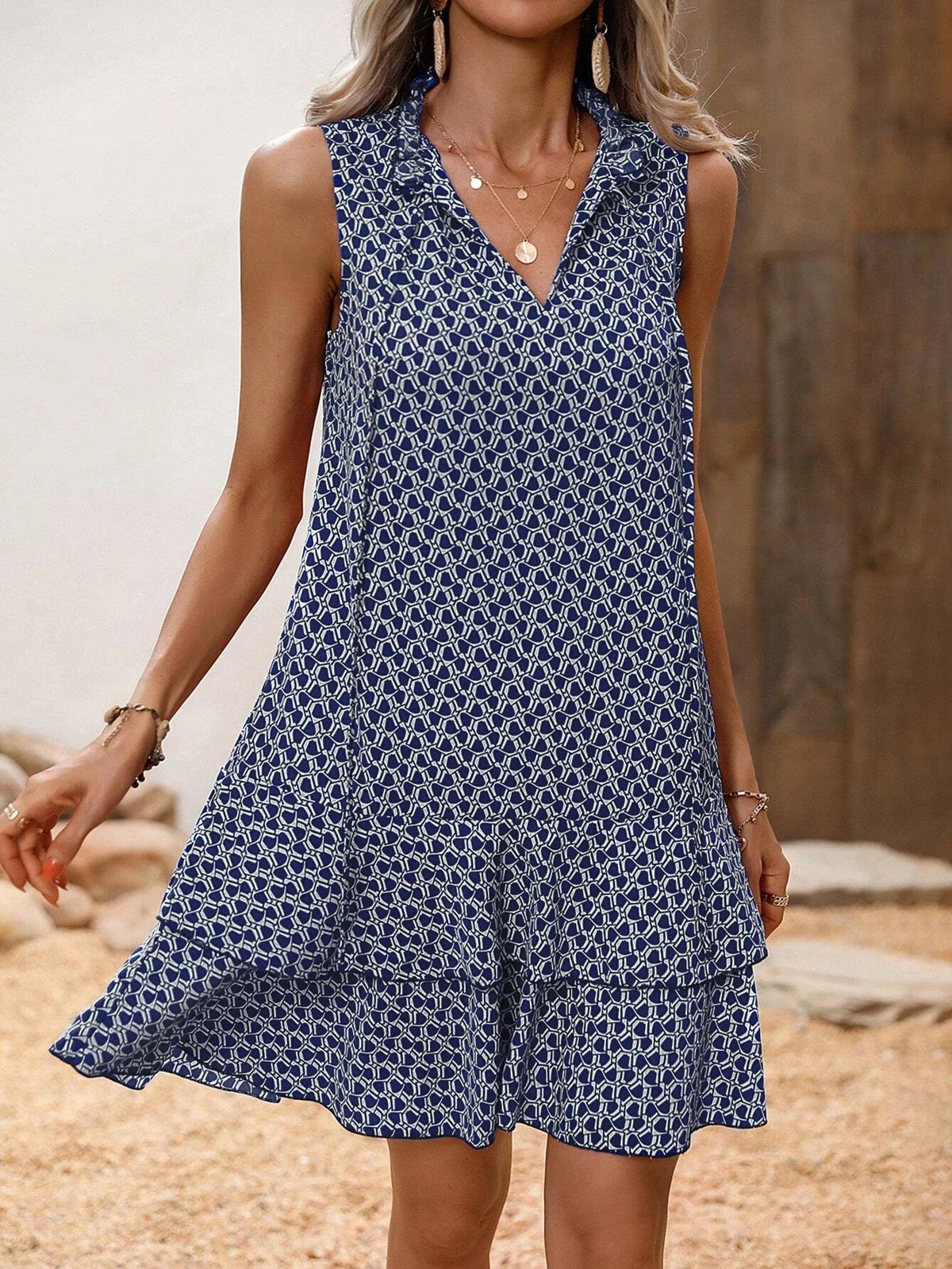 Textured Mini Dress – Sleeveless High Neck Dress with Tiered Ruffle Hem and Relaxed A-Line Silhouette for Brunch, Vacations & Casual Outings