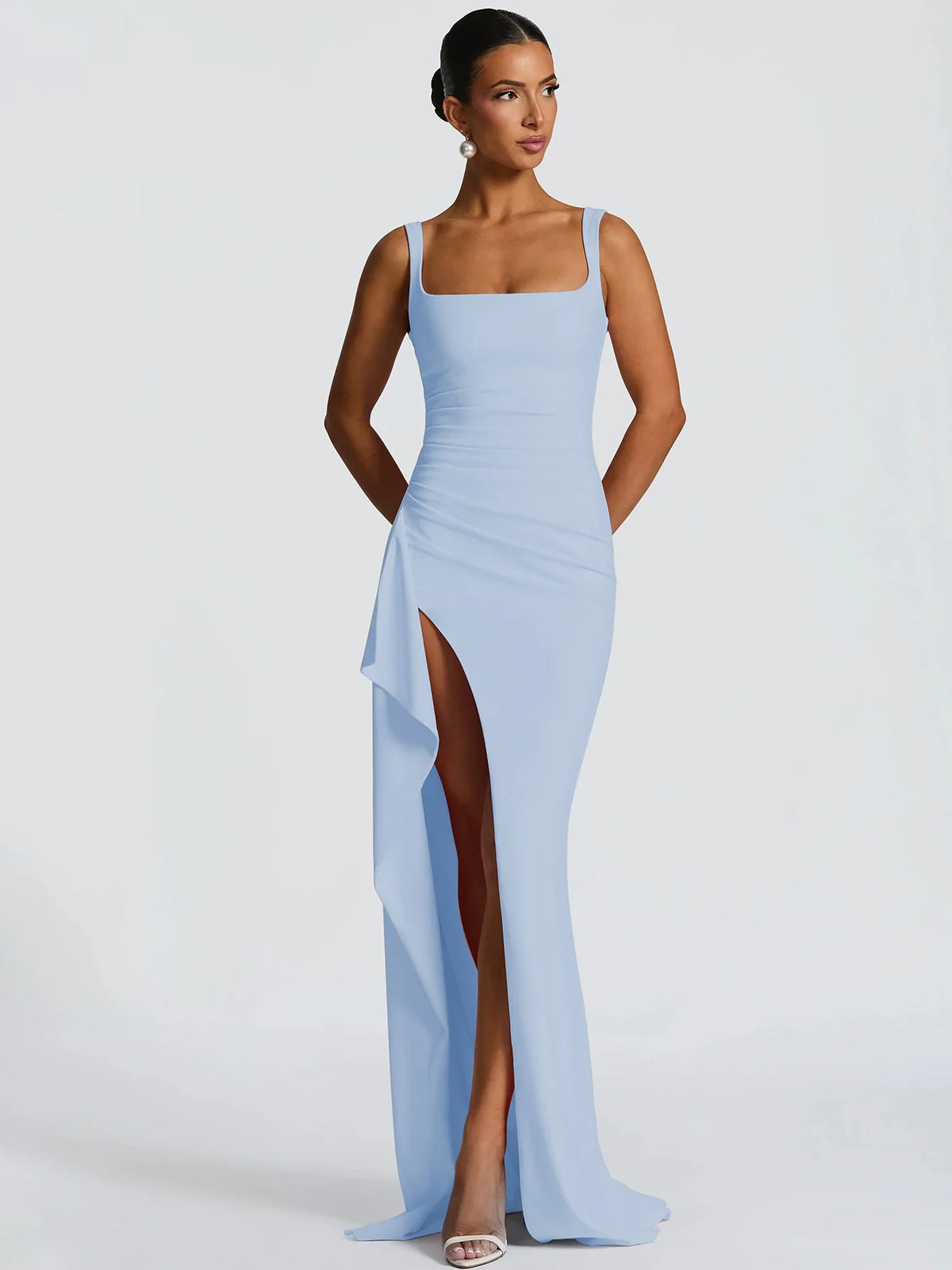 Spaghetti Strap Maxi Dress – Bodycon Floor-Length Dress with Thigh-High Slit and Square Neckline for Weddings, Parties & Evening Events