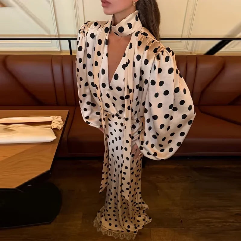 Polka Dot High Neck Top & Wide Leg Pants Co-Ord Set | Long Sleeve Two Piece Outfit with Ruffle Trim | Elegant Party & Occasion Wear