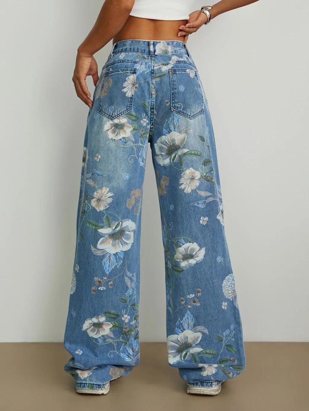 High Waisted Floral Wide Leg Jeans Baggy Denim Pants Vintage Print Loose Fit Full Length Y2K Streetwear Trousers