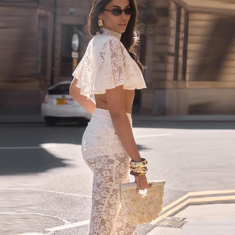Lace Crop Top & High Waist Flared Pants Co-Ord Set | Short Sleeve Two Piece Floral Lace Outfit | Chic Vacation & Resort Matching Set